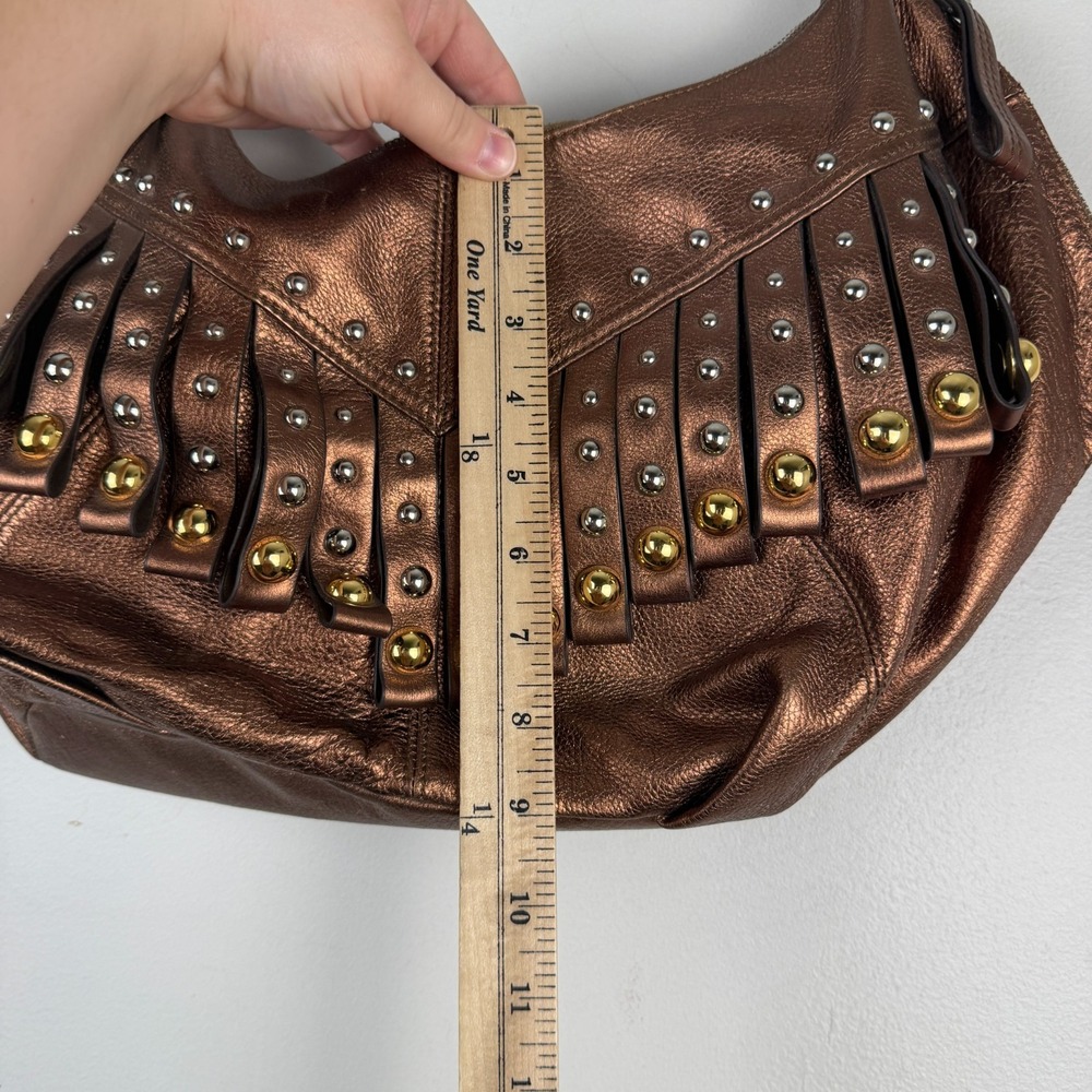 B. Makowsky Hobo Bag Women Metallic Bronze Leather Studded Fringe Shoulder Strap - Picture 12 of 16